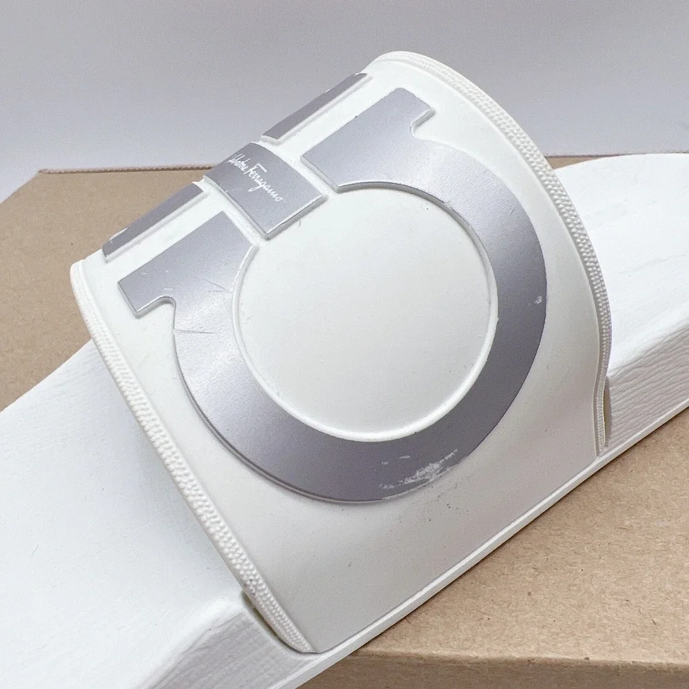 Salvatore Ferragamo Groove 6 Mens Gancini LOGO Slides Sandals White Gray US 7
